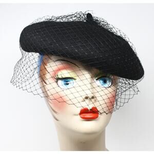 Black Wool Felt Beret w Veil Netting for Church Party Retro Style Hat - Hey Viv